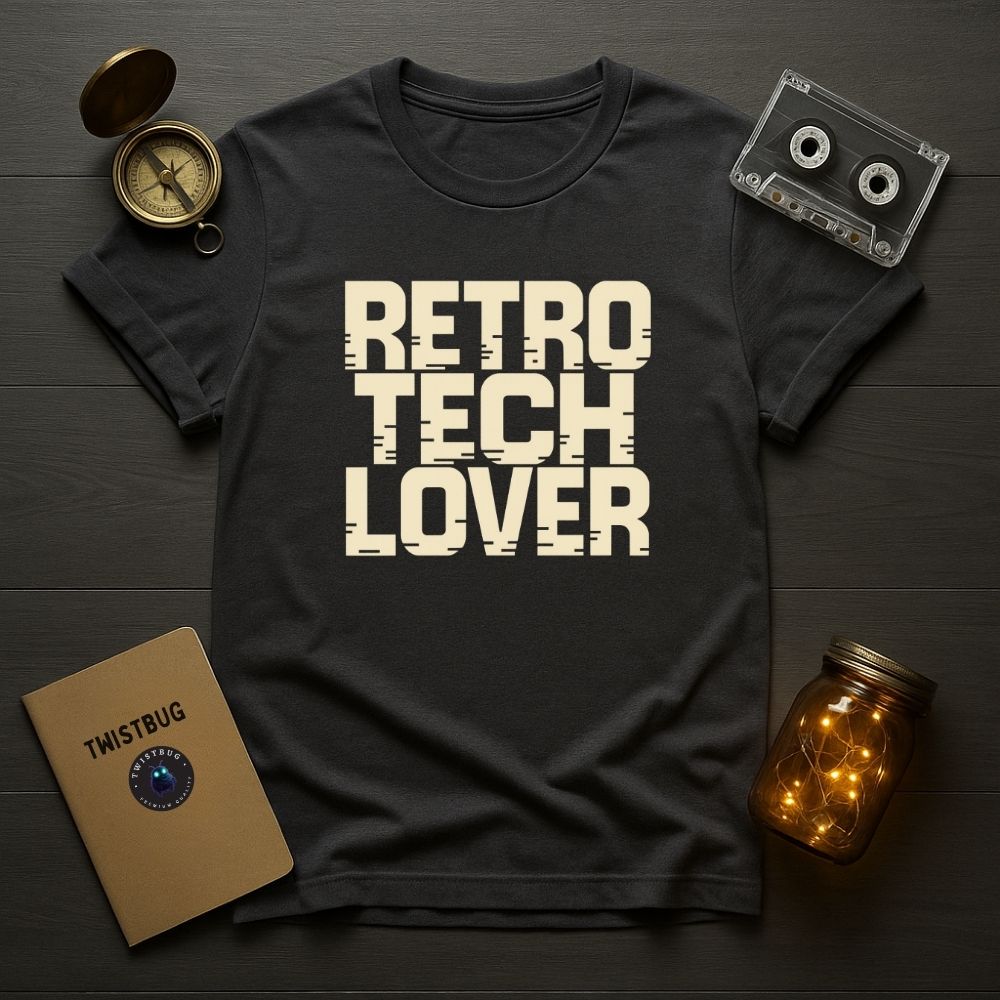 Charcoal Twistbug t-shirt with bold “Retro Tech Lover” text, flat lay on wooden desk with vintage accessories.