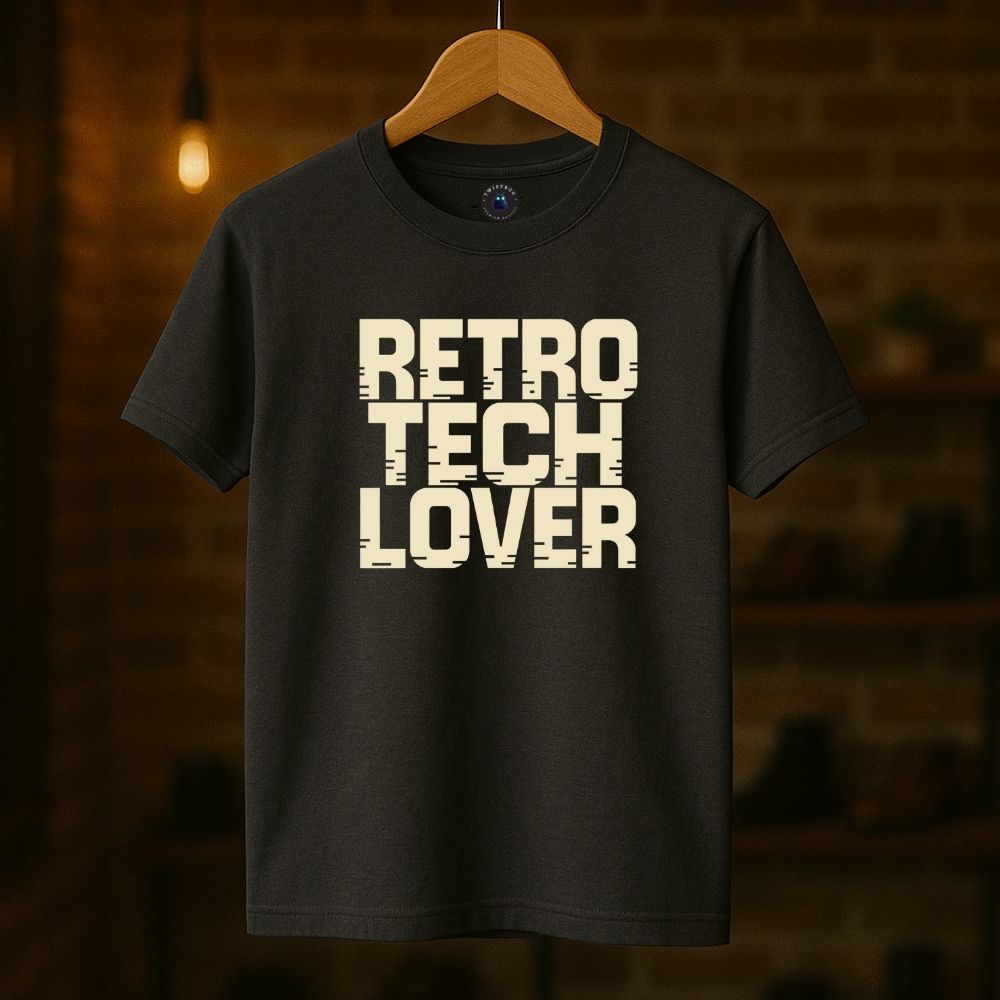Charcoal Twistbug t-shirt on hanger displaying “Retro Tech Lover” type print, boutique background.