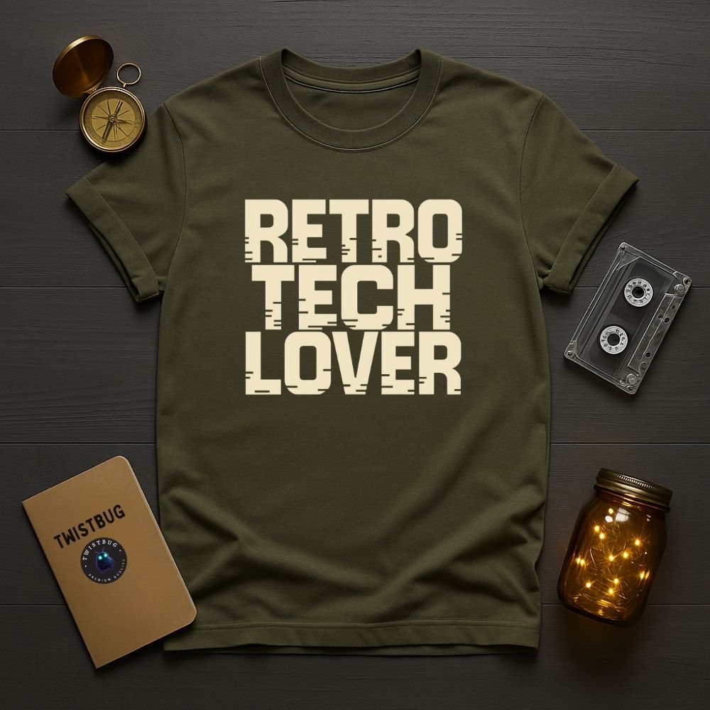 Military green Twistbug t-shirt featuring “Retro Tech Lover” typography, flat lay with cassette tape and warm ambient light.