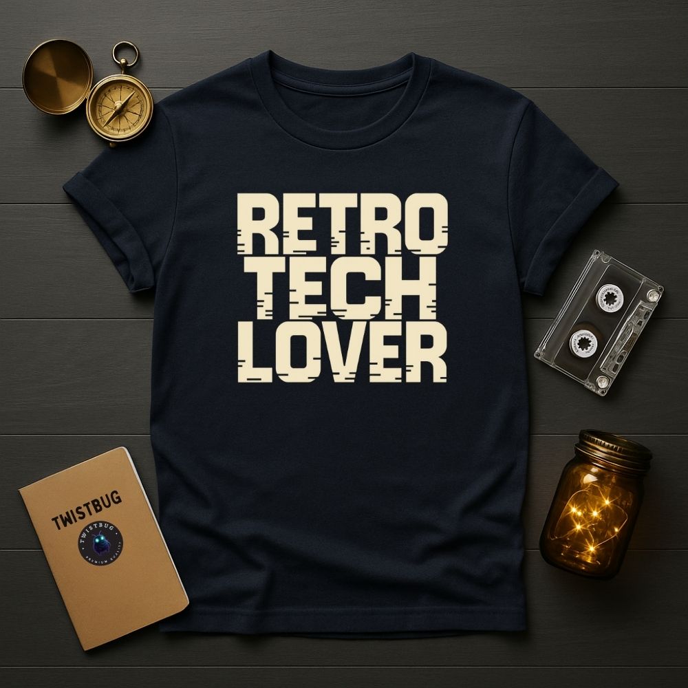 Navy Twistbug t-shirt with bold retro type design reading “Retro Tech Lover,” styled flat lay with compass and journal.