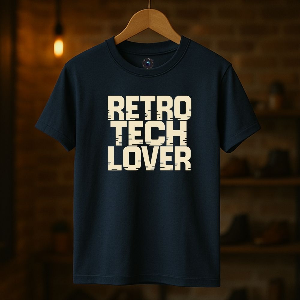 Navy Twistbug t-shirt on hanger with bold “Retro Tech Lover” type design, boutique setting.