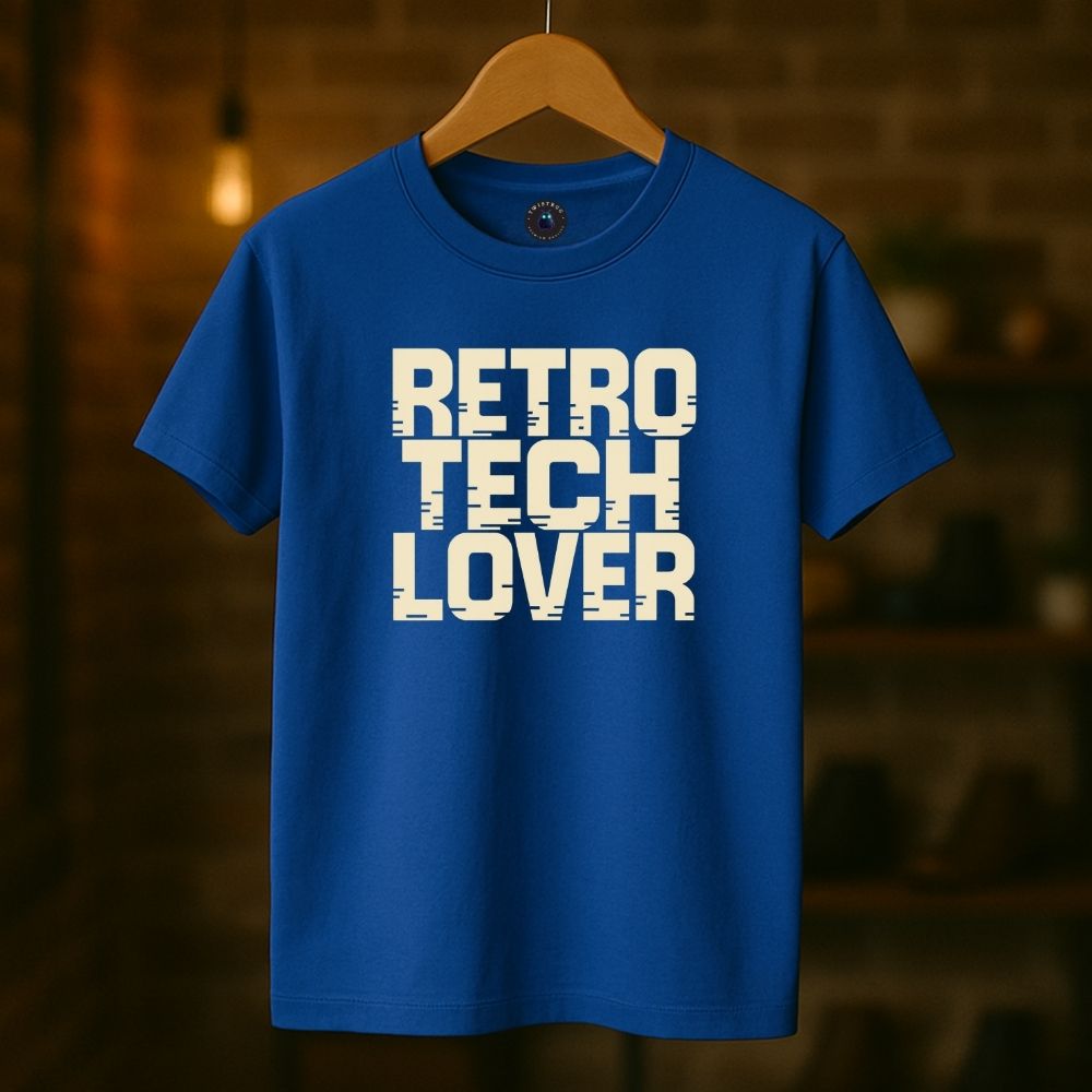 Royal blue Twistbug t-shirt on hanger with large retro tech design, boutique lighting.