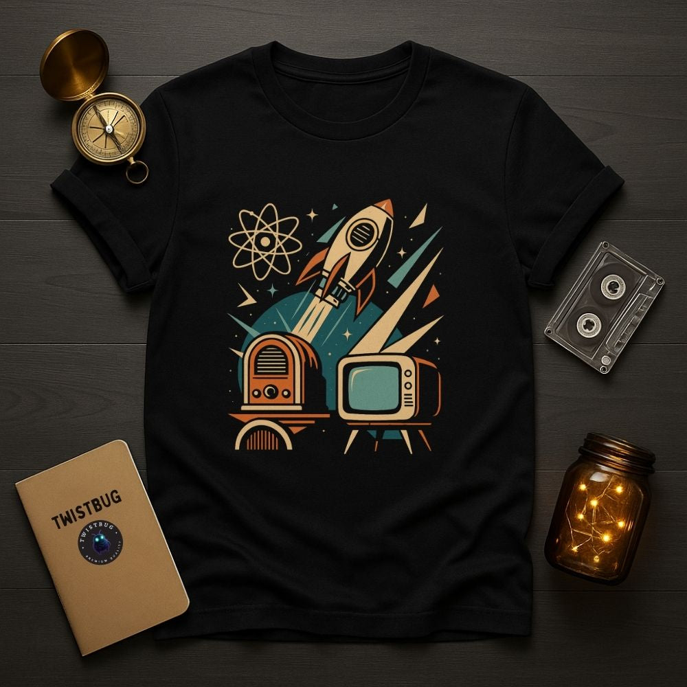 Flatlay of black retro rocket and analog tech T-shirt with compass, cassette tape, and warm LED jar on dark wooden desk.