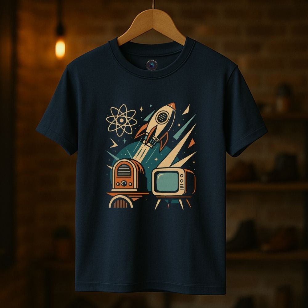 Retro futuristic rocket launch T-shirt in navy, featuring vintage radio and CRT television graphics, hanging on wooden hanger in cozy studio.
