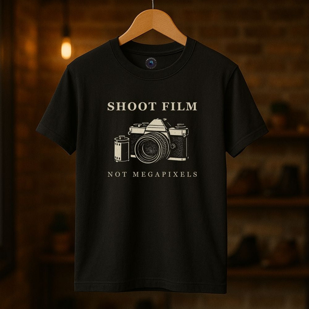 Black Shoot Film Not Megapixels analog camera graphic t-shirt hanging in a warm interior.