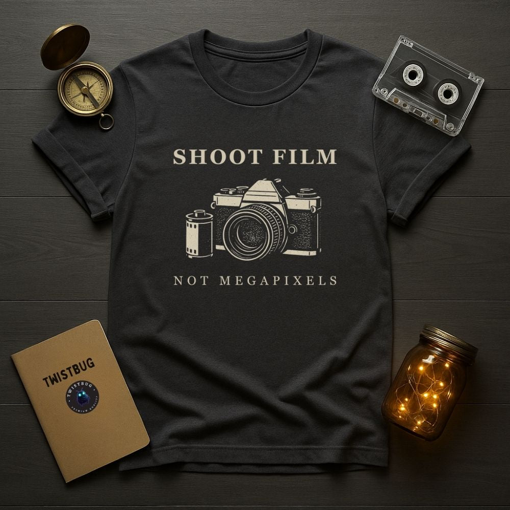 Charcoal Shoot Film Not Megapixels analog camera graphic t-shirt flatlay with cassette and notebook.