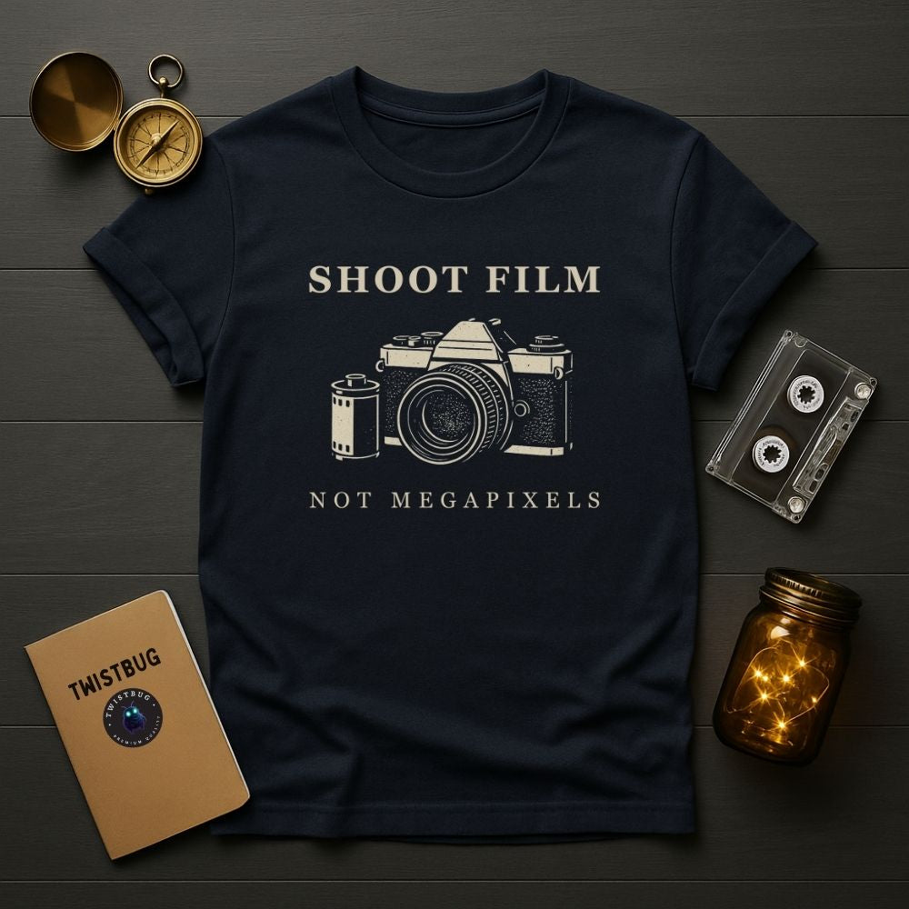 Navy Shoot Film Not Megapixels t-shirt with vintage analog camera illustration flatlay.