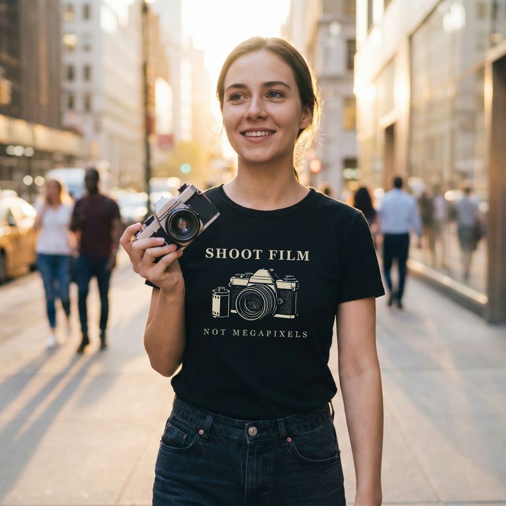 Person holding a vintage film camera wearing a black Shoot Film Not Megapixels graphic t-shirt in an urban street.