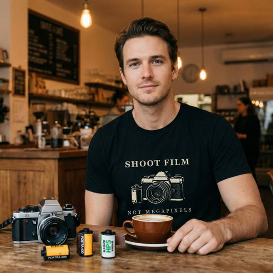 Person wearing a Shoot Film Not Megapixels vintage film camera t-shirt sitting at a café table with film rolls and a camera.