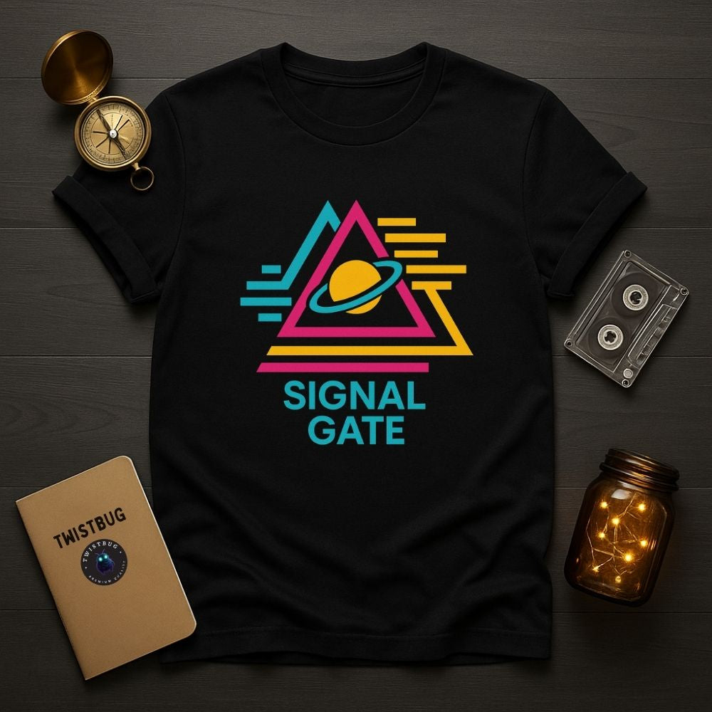 Flatlay of black Signal Gate T-shirt with neon geometric planet design and retro shapes, Twistbug synthwave apparel