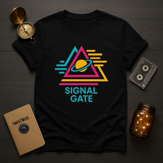 Flatlay of black Signal Gate T-shirt with neon geometric planet design and retro shapes, Twistbug synthwave apparel