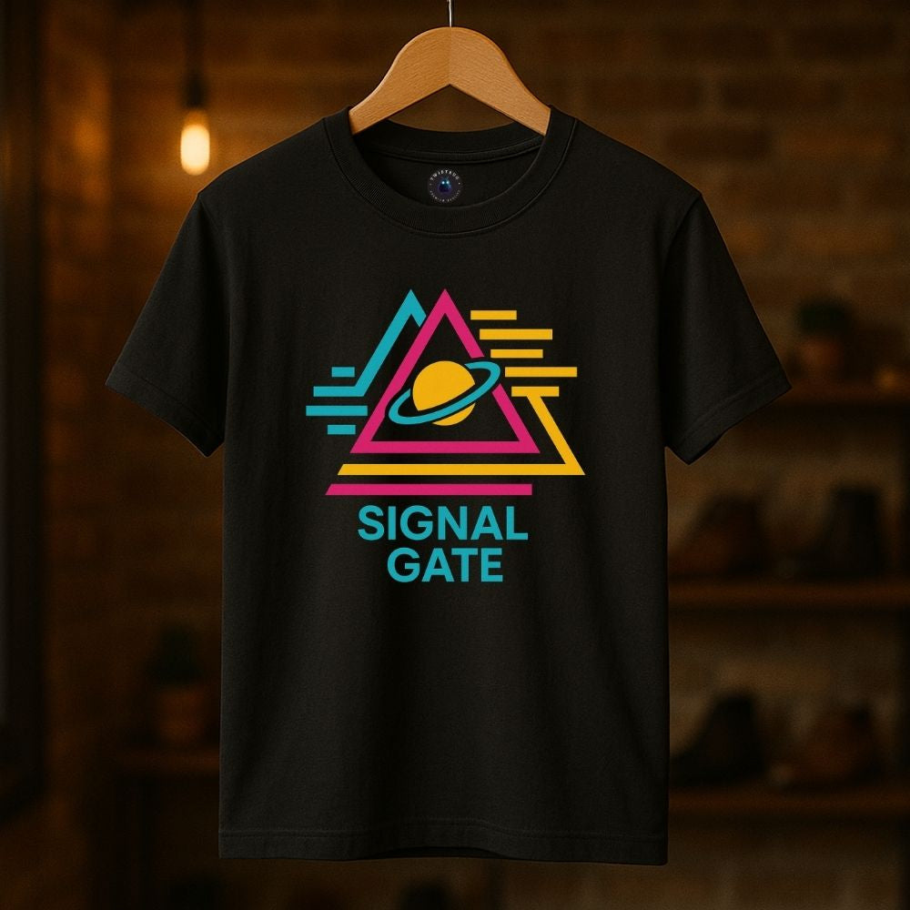 Black Signal Gate T-shirt on hanger featuring neon planet inside geometric triangles, retro synthwave aesthetic