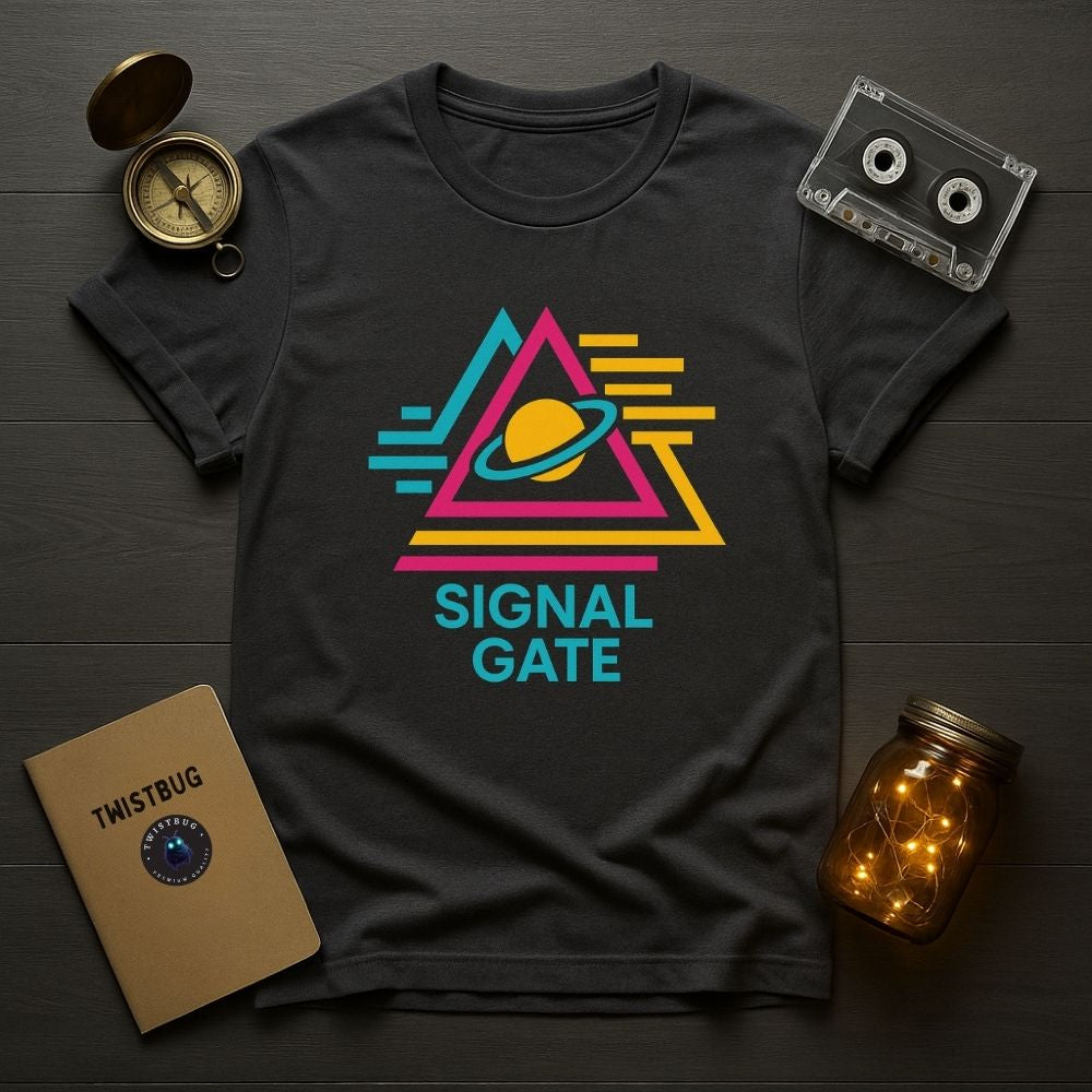 Charcoal Signal Gate T-shirt flatlay featuring retro planet graphic inside neon triangle shapes, futuristic Twistbug design