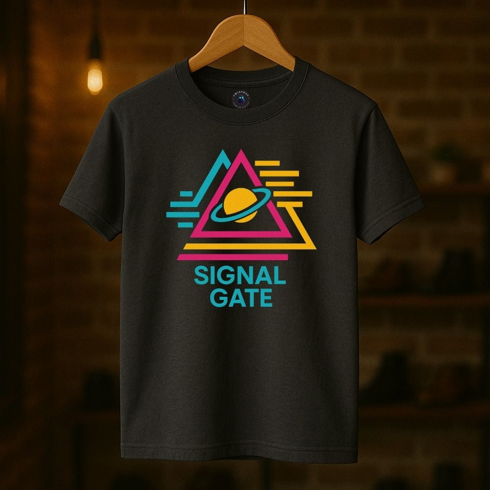 Charcoal Signal Gate T-shirt on hanger featuring neon planet and triangle motif, retro futuristic sci-fi style