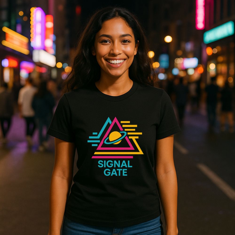 Female model wearing Signal Gate T-shirt with colorful retro planet design in neon night city background, Twistbug apparel
