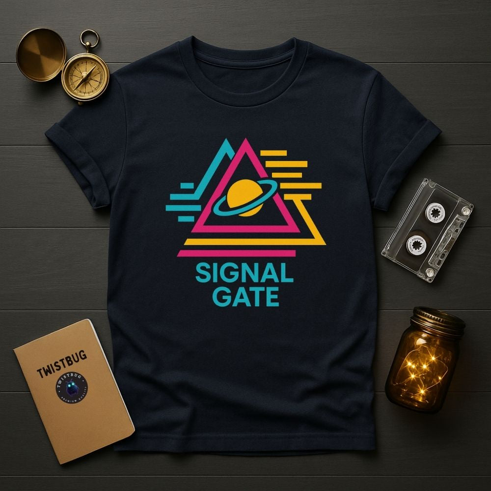 Navy Signal Gate T-shirt in flatlay with colorful synthwave planet and geometric lines, retrofuturistic Twistbug tee