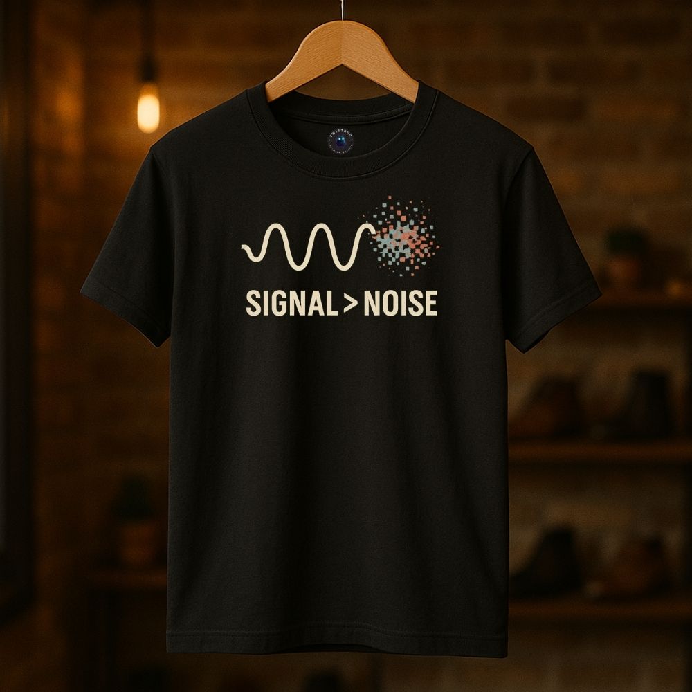 Black Twistbug t-shirt on hanger featuring ‘Signal > Noise’ design with waveform and digital scatter pattern, boutique lighting