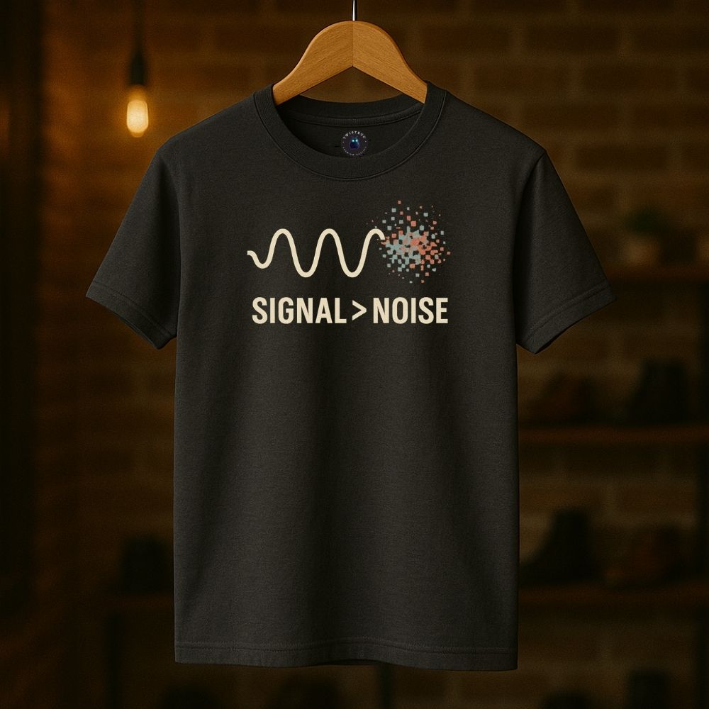 Charcoal Twistbug t-shirt on hanger with ‘Signal > Noise’ waveform design in minimalist modern style, boutique background.