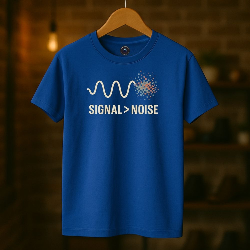 Royal blue Twistbug t-shirt on hanger featuring ‘Signal > Noise’ print with waveform and pixelated burst, boutique lighting.