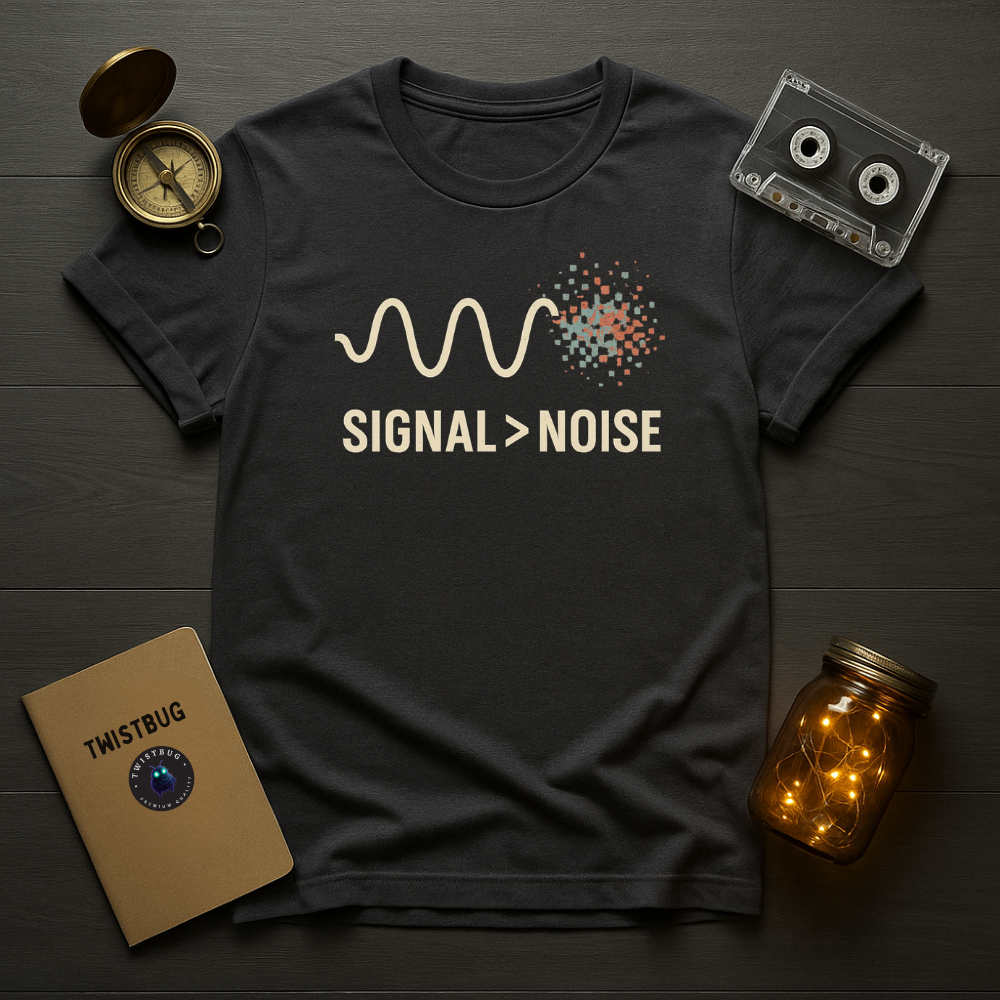 Twistbug Signal > Noise t-shirt in charcoal grey, sine wave greater than noise graphic, retro tech.
