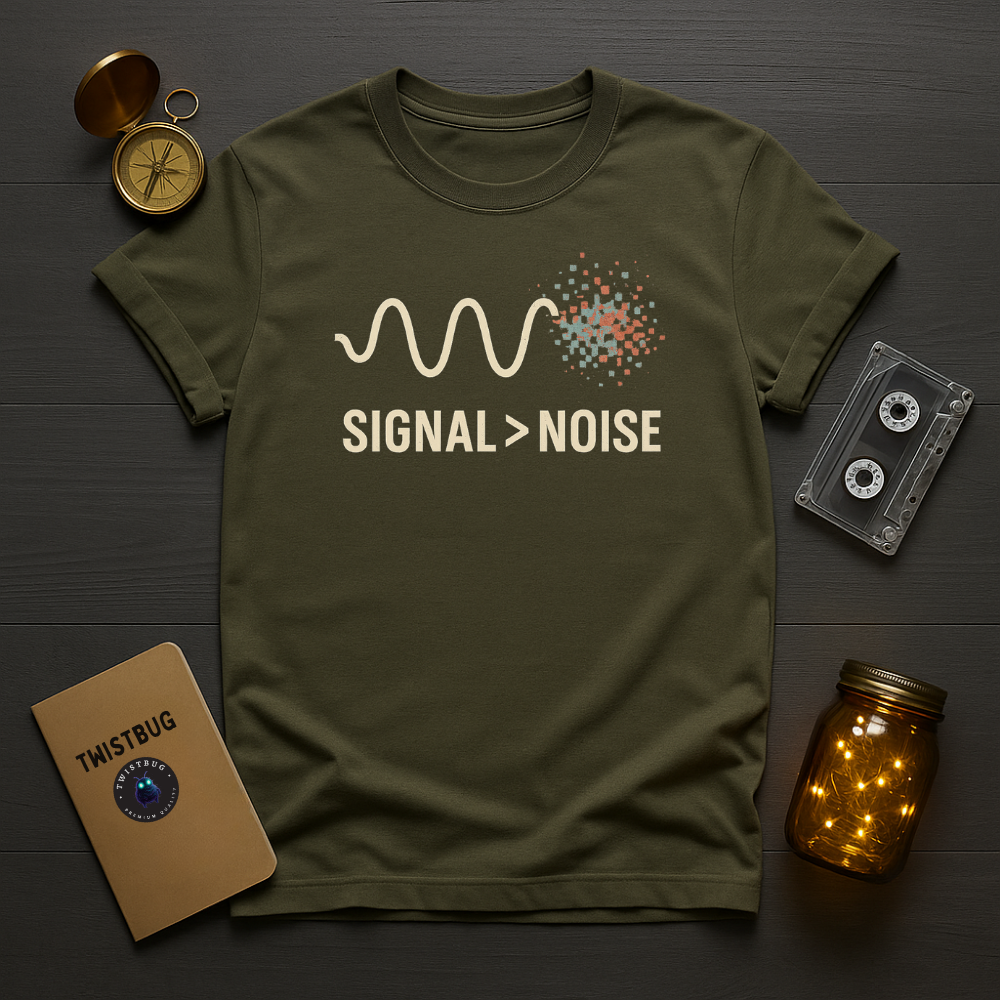Twistbug Signal > Noise tee in military green with minimalist waveform and pixel noise design.