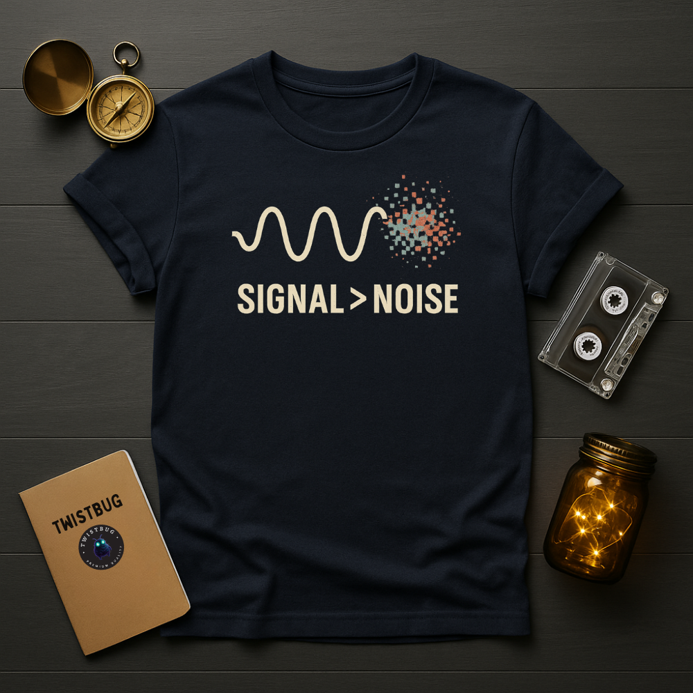 Twistbug Signal > Noise tee in navy featuring cream sine wave and pixel noise motif, minimal retro tech design