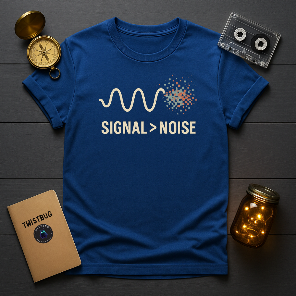 Twistbug Signal > Noise shirt in royal blue with clean sine wave vs pixel noise graphic, minimalist style