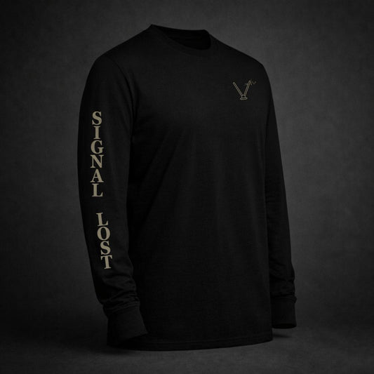 Black long sleeve shirt with broken antenna icon on the chest and “Signal Lost” printed vertically along the sleeve