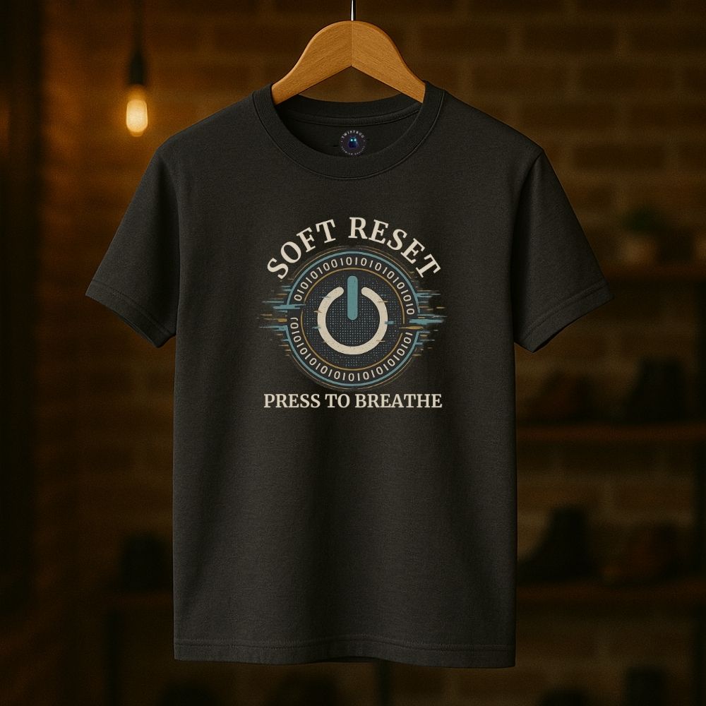 Charcoal T-shirt on hanger showing minimalist power symbol and binary detail, “Soft Reset” text, cozy lighting.