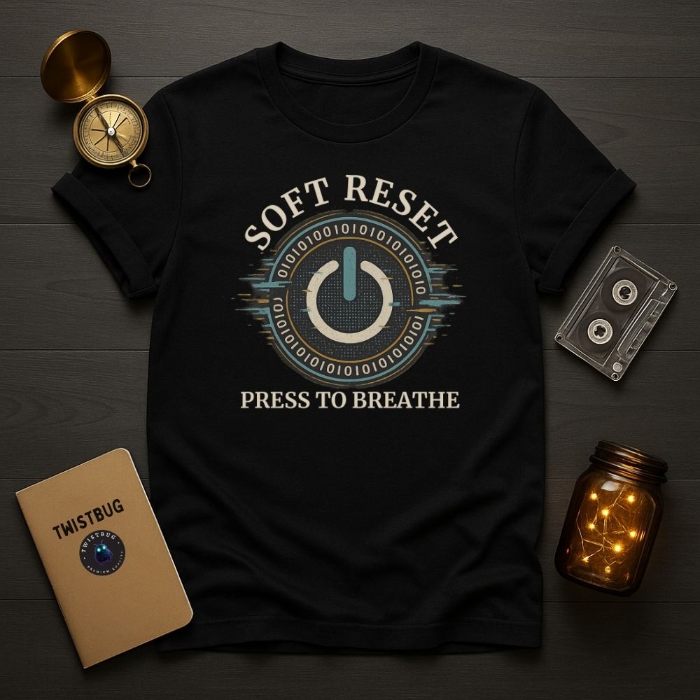 Black graphic t-shirt with retro power button and ‘Soft Reset — Press to Breathe’ by Twistbug