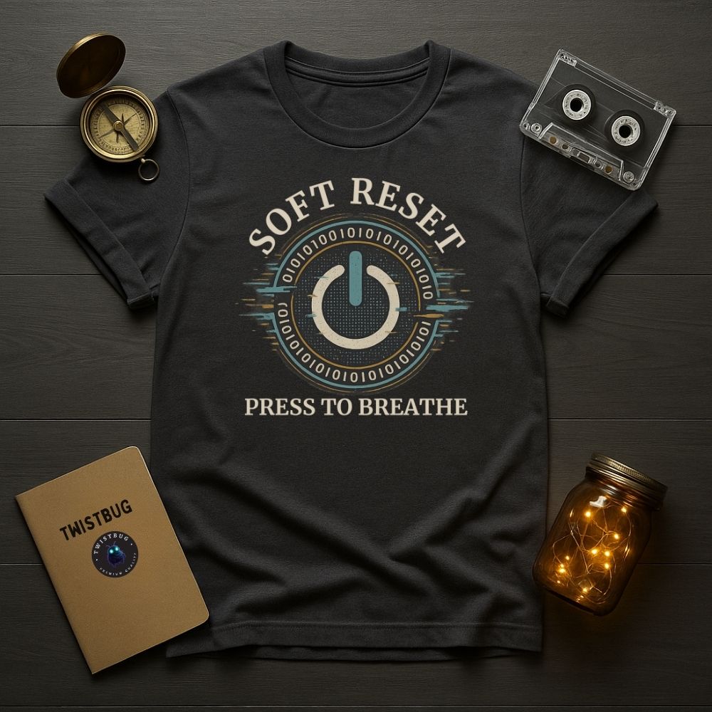 Charcoal tech-inspired tee featuring power button and binary halo, ‘Soft Reset — Press to Breathe