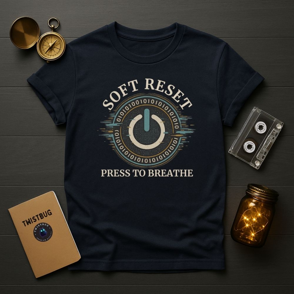 Navy graphic tee with binary ring power icon and ‘Soft Reset — Press to Breathe’ text