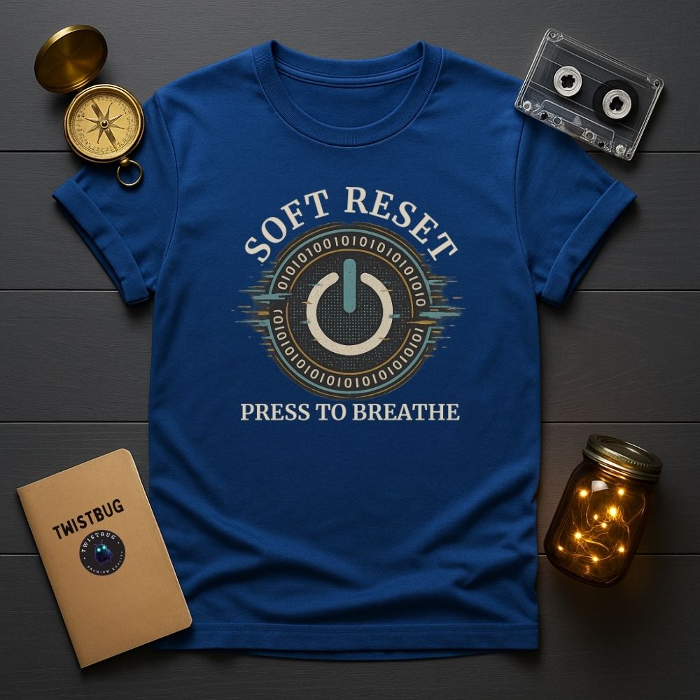 Royal blue power-button t-shirt with retro scan lines and ‘Soft Reset — Press to Breathe