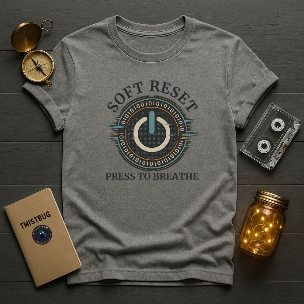 Sport grey mindfulness t-shirt with power icon and binary ring reading ‘Soft Reset — Press to Breathe