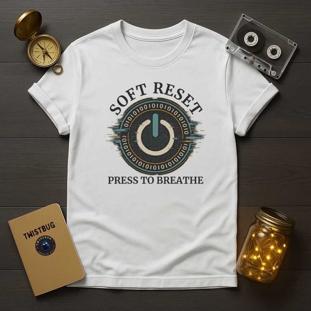White mindfulness t-shirt with power icon and binary ring reading ‘Soft Reset — Press to Breathe