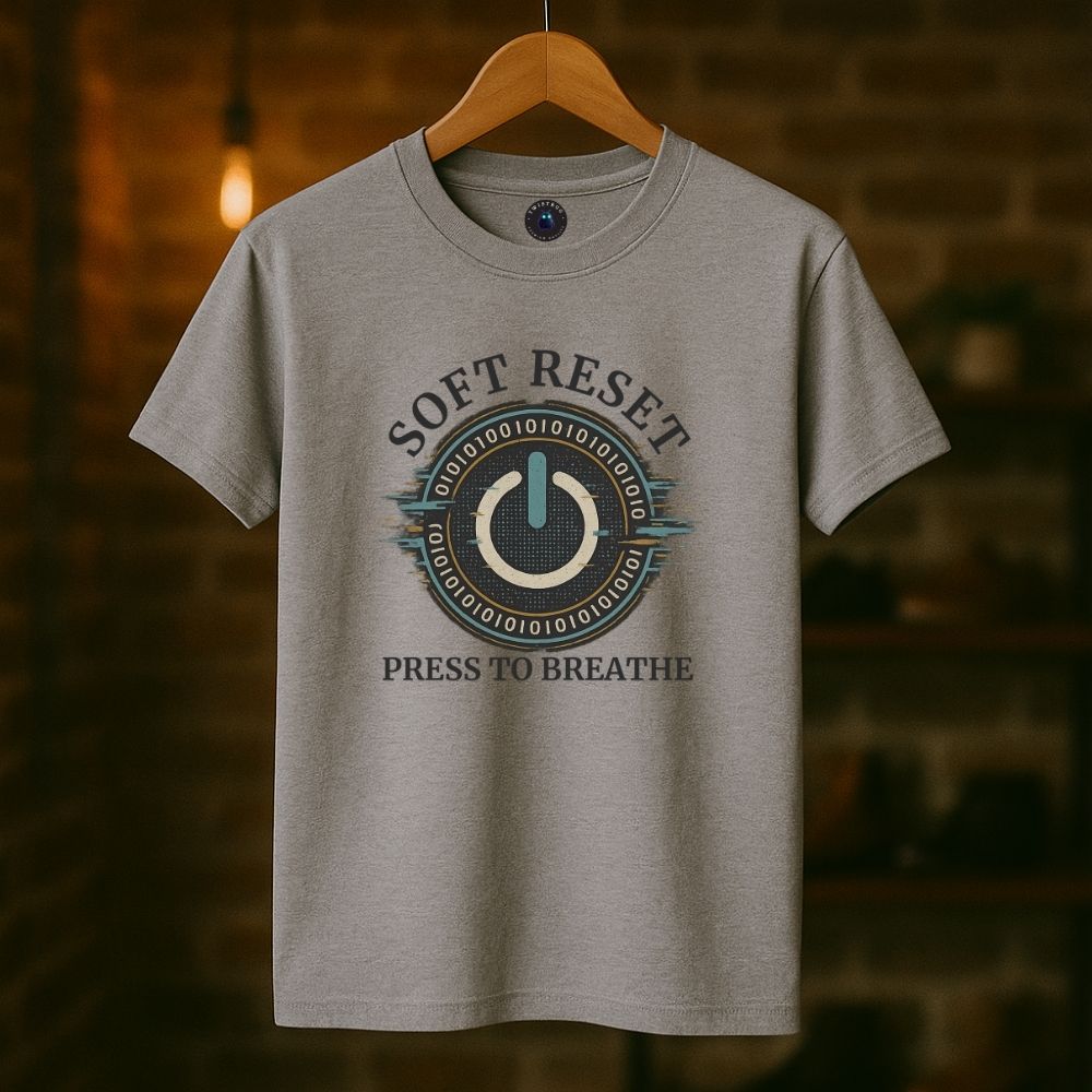 Sport gray Twistbug T-shirt hanging under warm lights featuring “Soft Reset – Press to Breathe” design.