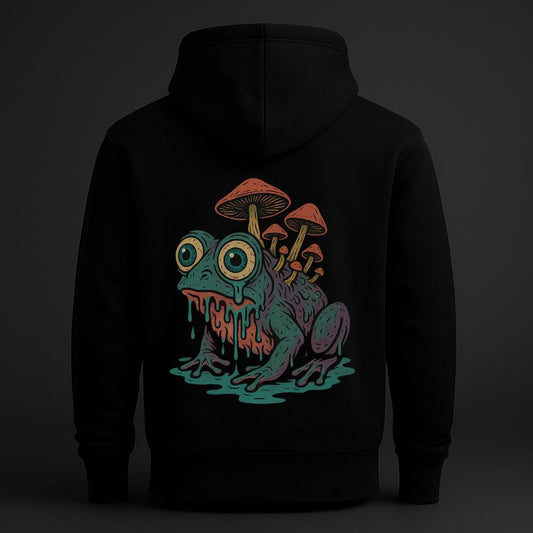 Back view of black hoodie featuring a surreal frog with oversized eyes and mushrooms growing from its back, psychedelic weirdcore streetwear design