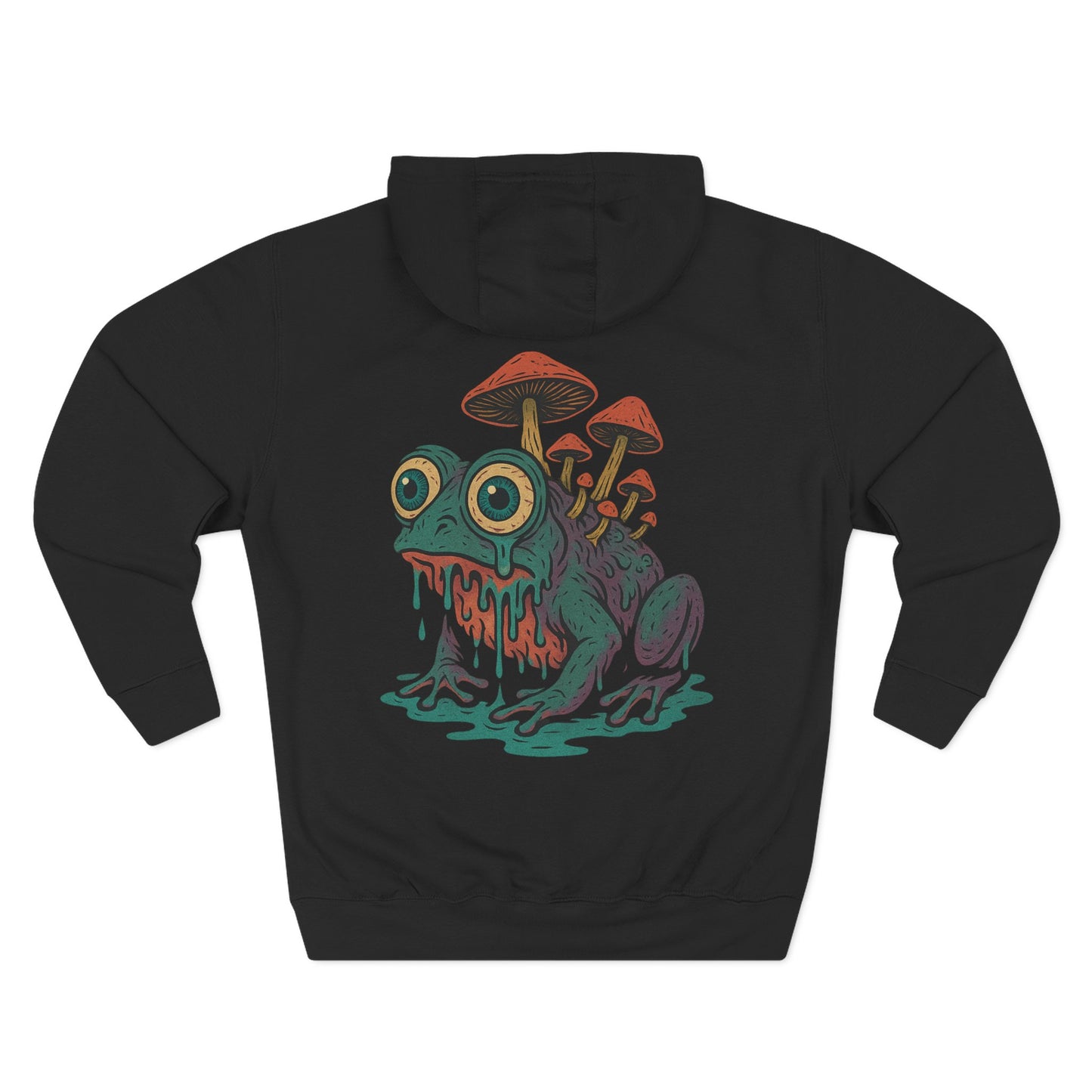 Back view of black hoodie featuring a surreal frog with mushrooms growing from its back, psychedelic weirdcore streetwear design