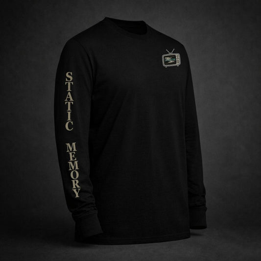 Black long sleeve t-shirt featuring a glitchy retro television chest graphic and “Static Memory” printed down the sleeve