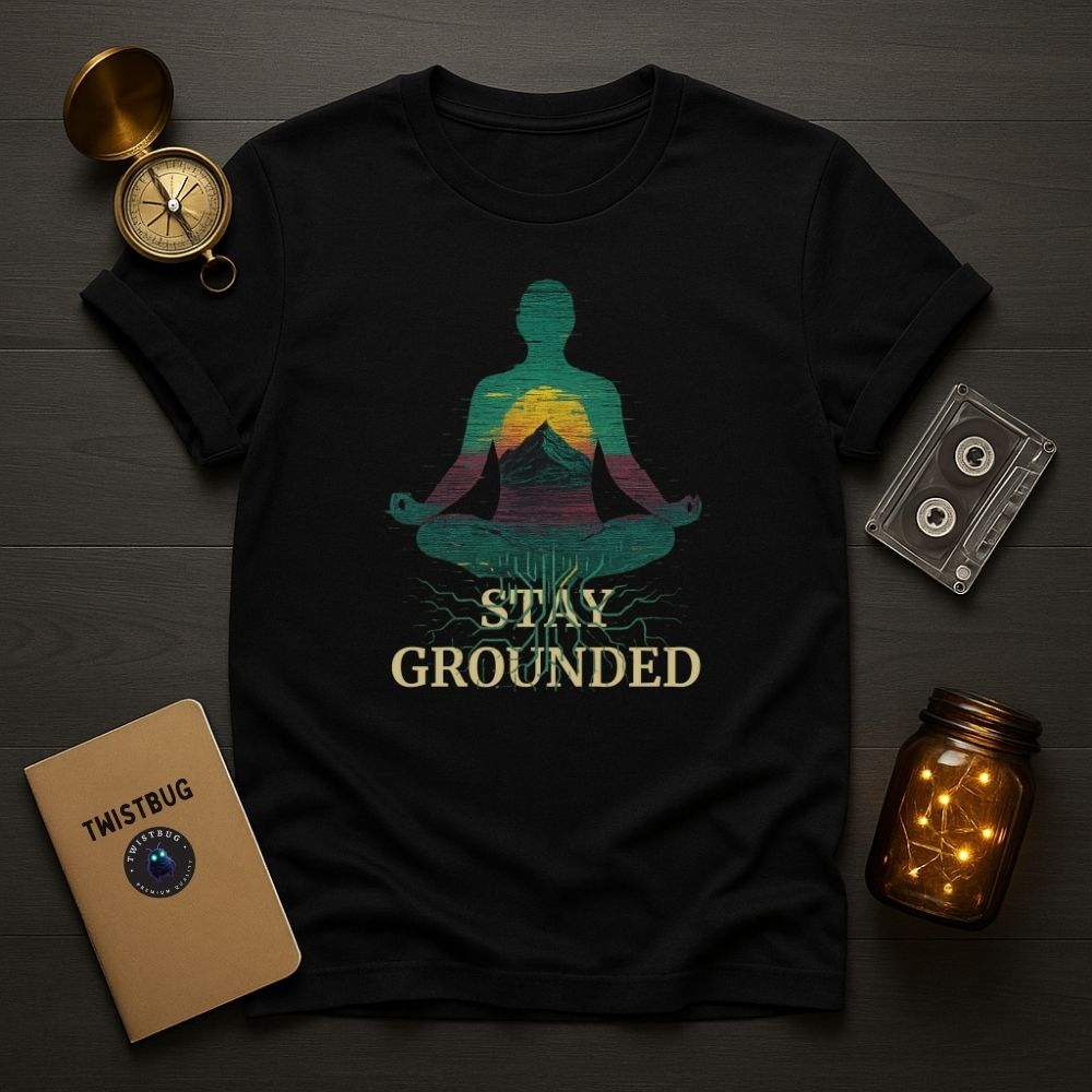 Stay Grounded T-Shirt in Black — meditative mountain-heart and roots design from Twistbug