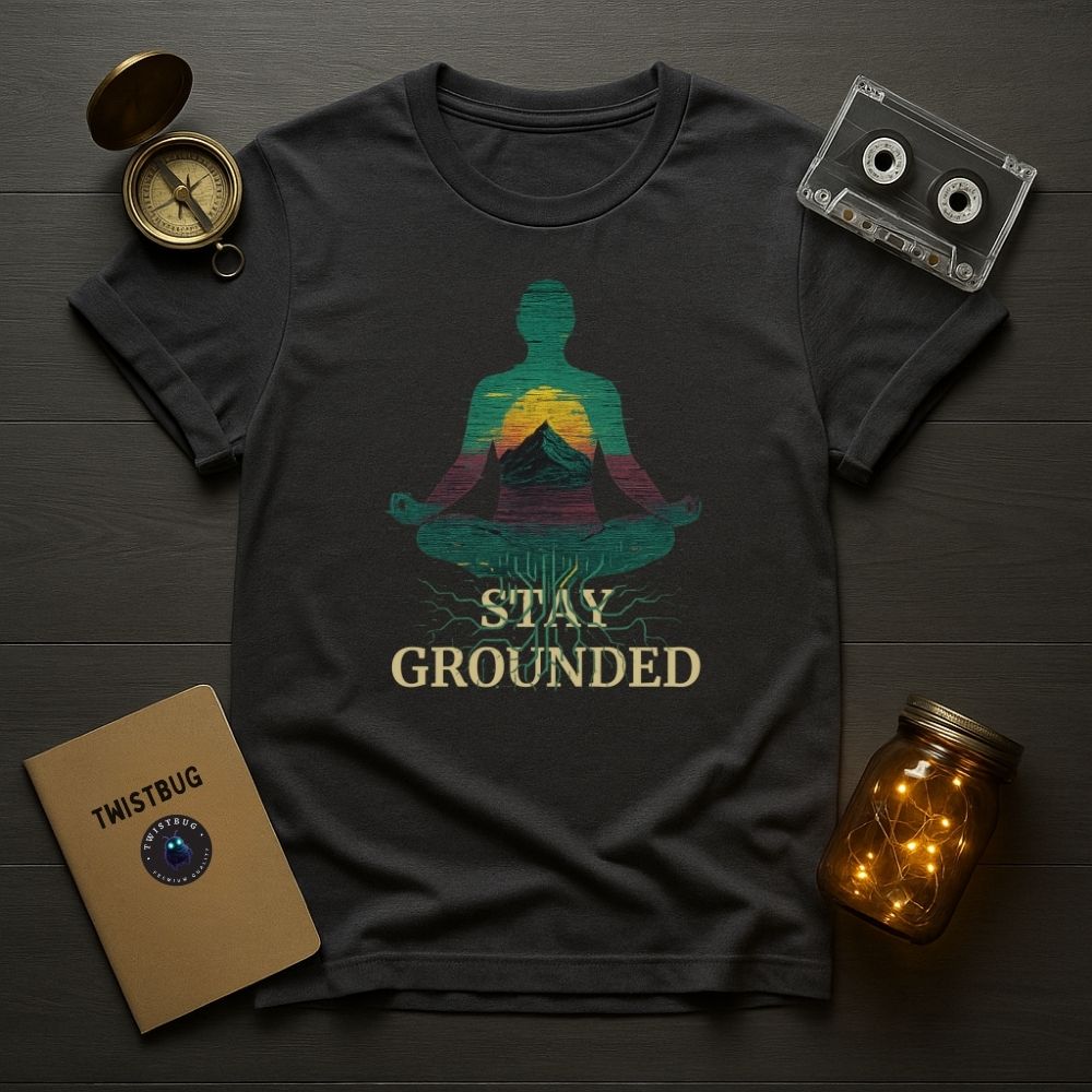 “Stay Grounded Tee in Charcoal — mountain-heart meditation graphic with roots by Twistbug