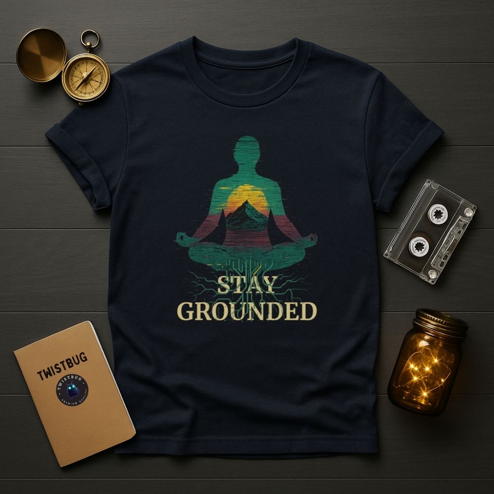 Stay Grounded T-Shirt in Navy — meditative silhouette with mountain heart and roots, Twistbug