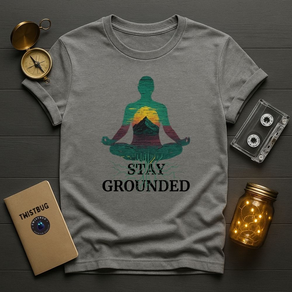 Stay Grounded Shirt in Sport Grey — meditation silhouette, mountain and roots graphic, Twistbug