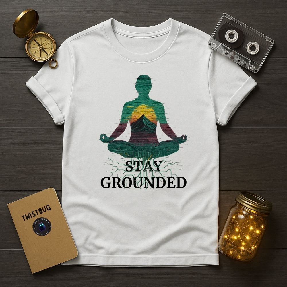 Stay Grounded Tee in White — zen silhouette with mountain heart and roots, Twistbug