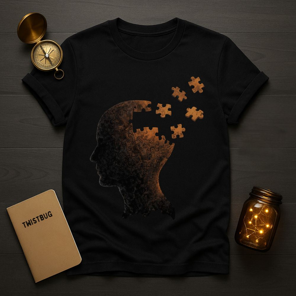 Black graphic T-shirt with a surreal head made of puzzle pieces breaking apart and the quote ‘Still Figuring It Out’, displayed in a dark flat-lay scene with notebook, compass, and cassette