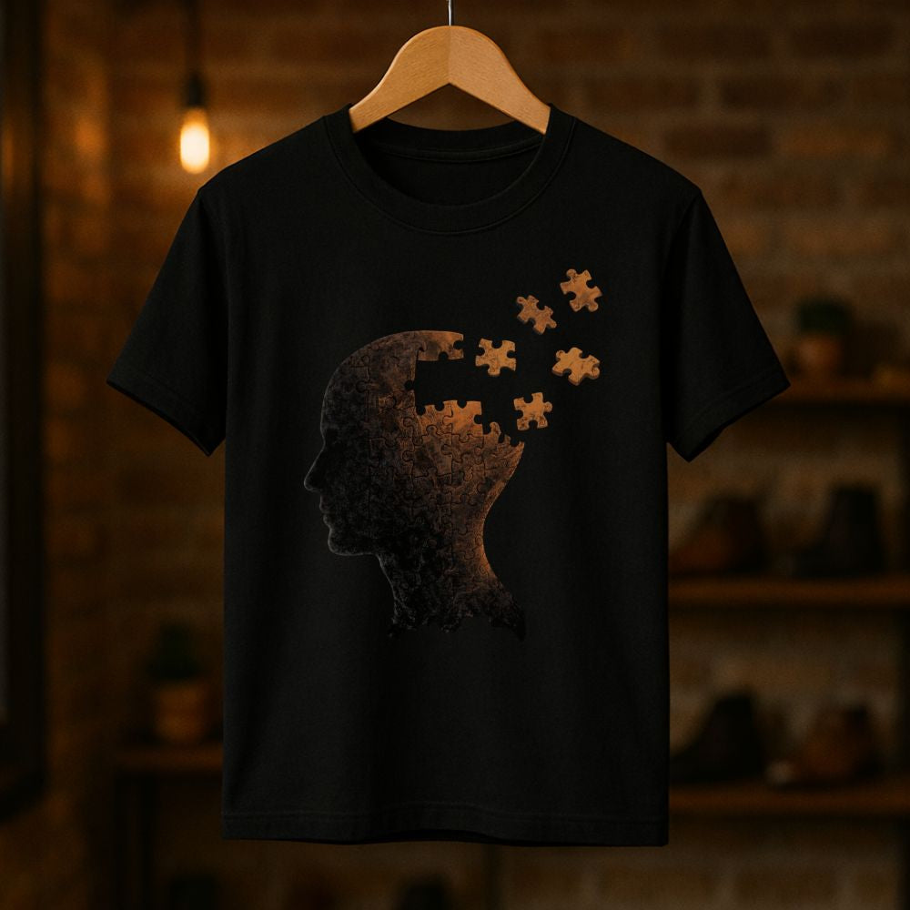 Black ‘Still Figuring It Out’ graphic T-shirt hanging on a wooden hanger, featuring a surreal puzzle-head design, photographed in a warm studio setting.