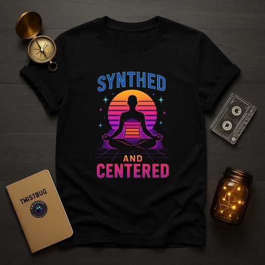 Flatlay of black Synthed and Centered T-shirt with neon meditation figure and sunset graphic beside cassette and notebook props, Twistbug retro aesthetic tee