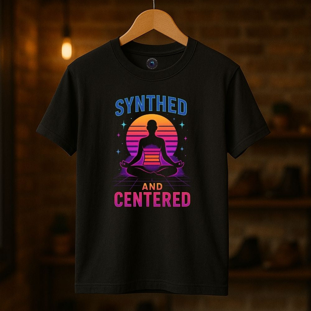 Black Synthed and Centered T-shirt on hanger featuring retro sunset meditation silhouette and neon grid design, Twistbug synthwave tee