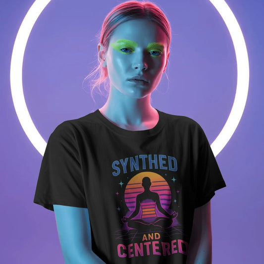 Female model wearing a black Synthed and Centered T-shirt with neon synthwave meditation design under ring light, futuristic retro aesthetic
