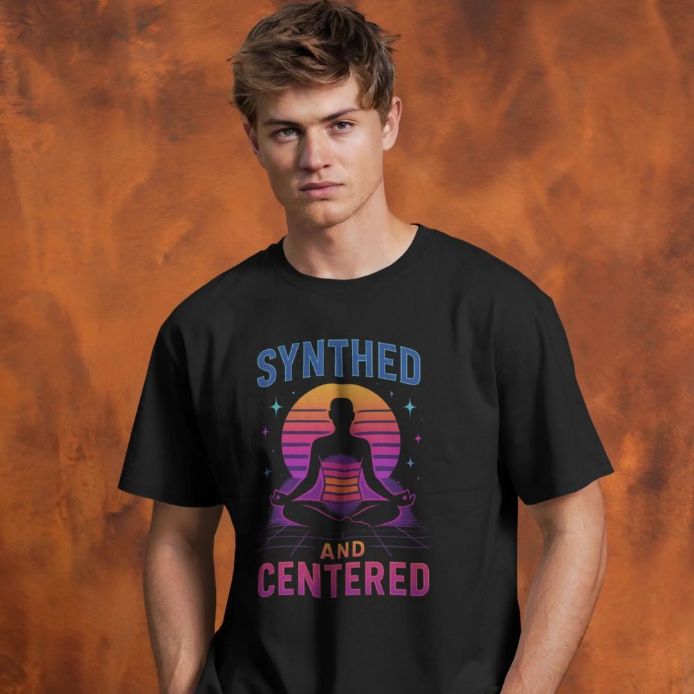 Male model wearing a black Synthed and Centered T-shirt with retro sunset meditation graphic in an orange studio backdrop, Twistbug retrofuturistic apparel